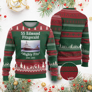 SS Edmund Fitzgerald Mighty Fitz Tribute Ugly Christmas Sweater Great Lakes Shipwreck Memorial - Print Your Wear