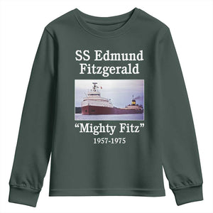 SS Edmund Fitzgerald Mighty Fitz Tribute Youth Sweatshirt Great Lakes Shipwreck Memorial TS02 Dark Forest Green Print Your Wear