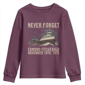 Never Forget Edmund Fitzgerald Tribute Youth Sweatshirt November 10 1975 Shipwreck Memorial TS02 Maroon Print Your Wear