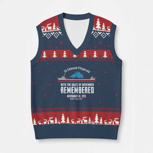 SS Edmund Fitzgerald Gales of November Tribute V-Neck Knit Sweater Vest Lake Superior Shipwreck Memorial TS02 Navy Red Print Your Wear