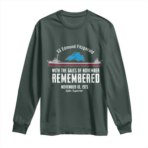 SS Edmund Fitzgerald Gales of November Tribute Long Sleeve Shirt Lake Superior Shipwreck Memorial TS02 Dark Forest Green Print Your Wear