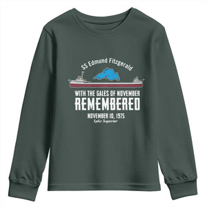 SS Edmund Fitzgerald Gales of November Tribute Youth Sweatshirt Lake Superior Shipwreck Memorial TS02 Dark Forest Green Print Your Wear