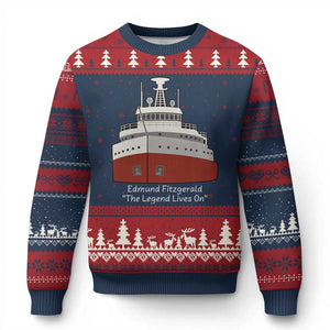Edmund Fitzgerald Tribute – Ugly Christmas Sweater – The Legend Lives On Great Lakes Memorial TS02 Navy Red Print Your Wear