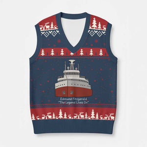 Edmund Fitzgerald Tribute V-Neck Knit Sweater Vest The Legend Lives On Great Lakes Freighter Memorial TS02 Navy Red Print Your Wear