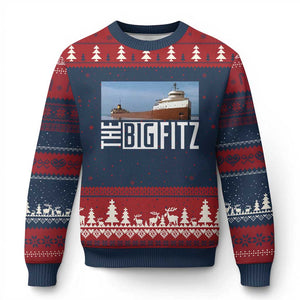 The Big Fitz Tribute Ugly Christmas Sweater SS Edmund Fitzgerald Freighter Design for Great Lakes History TS02 Navy Red Print Your Wear