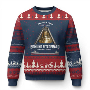 Edmund Fitzgerald 50th Anniversary Tribute Ugly Christmas Sweater Chimes 29 Times 1975 2025 Memorial TS02 Navy Red Print Your Wear