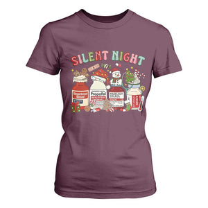 Funny Silent Night Nurse Christmas T Shirt For Women Festive Meds and Holiday Medical Humor TS02 Maroon Print Your Wear