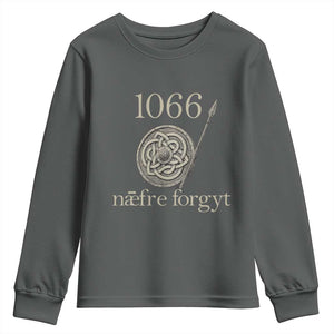 1066 Never Forget Youth Sweatshirt Battle of Hastings Old English Anglo Saxon Warrior Medieval Shield TS02 Dark Heather Print Your Wear