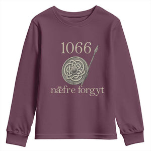 1066 Never Forget Youth Sweatshirt Battle of Hastings Old English Anglo Saxon Warrior Medieval Shield TS02 Maroon Print Your Wear