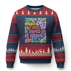 How Many Nights Should You Be Reading 6 7 Ugly Christmas Sweater Retro Funny 67 Six Seven Meme Book Lover TS02 Navy Red Print Your Wear