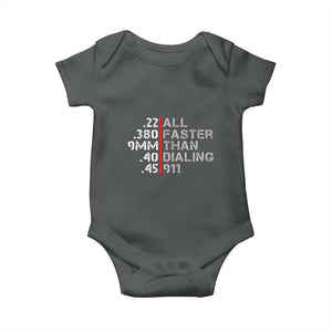 Funny Gun Owner Baby Onesie Faster Than Dialing 911 Bullet Diameter TS02 Dark Heather Print Your Wear