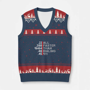 Funny Gun Owner V-Neck Knit Sweater Vest Faster Than Dialing 911 Bullet Diameter TS02 Navy Red Print Your Wear