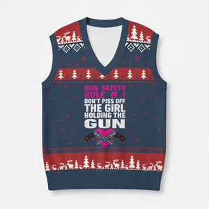 Funny Gun Girls V-Neck Knit Sweater Vest Gun Safety Rule Don't Piss Of The Girl Holding The Gun Owner TS02 Navy Red Print Your Wear