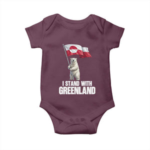 I Stand With Greenland Baby Onesie Cute Polar Bear Holding Flag Political Support TS02 Maroon Print Your Wear