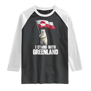 I Stand With Greenland Raglan Shirt Cute Polar Bear Holding Flag Political Support TS02 Black White Print Your Wear
