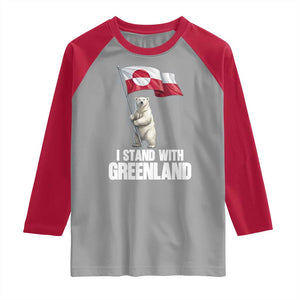 I Stand With Greenland Raglan Shirt Cute Polar Bear Holding Flag Political Support TS02 Sport Gray Red Print Your Wear