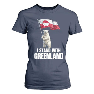 I Stand With Greenland T Shirt For Women Cute Polar Bear Holding Flag Political Support TS02 Navy Print Your Wear