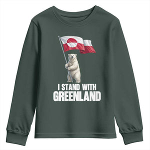 I Stand With Greenland Youth Sweatshirt Cute Polar Bear Holding Flag Political Support TS02 Dark Forest Green Print Your Wear