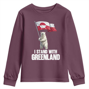 I Stand With Greenland Youth Sweatshirt Cute Polar Bear Holding Flag Political Support TS02 Maroon Print Your Wear