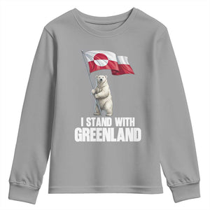 I Stand With Greenland Youth Sweatshirt Cute Polar Bear Holding Flag Political Support TS02 Sport Gray Print Your Wear