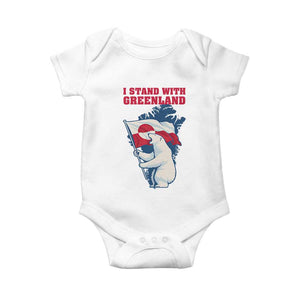 I Stand With Greenland Patriotic Baby Onesie Polar Bear Holding Flag Over Map TS02 White Print Your Wear