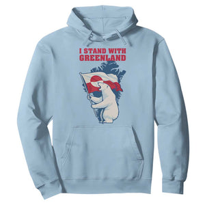 I Stand With Greenland Patriotic Hoodie Polar Bear Holding Flag Over Map TS02 Light Blue Print Your Wear
