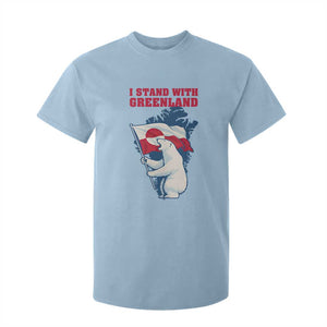 I Stand With Greenland Patriotic T Shirt For Kid Polar Bear Holding Flag Over Map TS02 Light Blue Print Your Wear