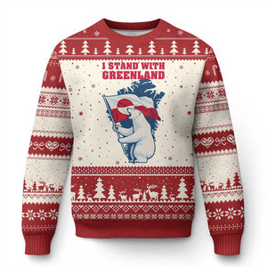 I Stand With Greenland Patriotic Ugly Christmas Sweater Polar Bear Holding Flag Over Map TS02 Beige Red Print Your Wear