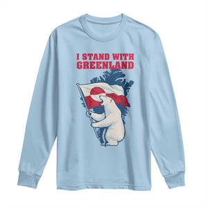 I Stand With Greenland Patriotic Long Sleeve Shirt Polar Bear Holding Flag Over Map TS02 Light Blue Print Your Wear