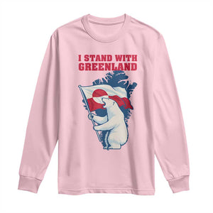 I Stand With Greenland Patriotic Long Sleeve Shirt Polar Bear Holding Flag Over Map TS02 Light Pink Print Your Wear
