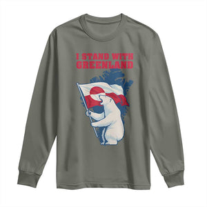 I Stand With Greenland Patriotic Long Sleeve Shirt Polar Bear Holding Flag Over Map TS02 Military Green Print Your Wear