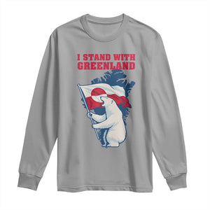 I Stand With Greenland Patriotic Long Sleeve Shirt Polar Bear Holding Flag Over Map TS02 Sport Gray Print Your Wear