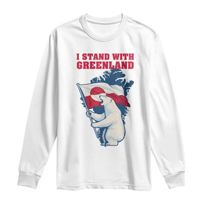 I Stand With Greenland Patriotic Long Sleeve Shirt Polar Bear Holding Flag Over Map TS02 White Print Your Wear