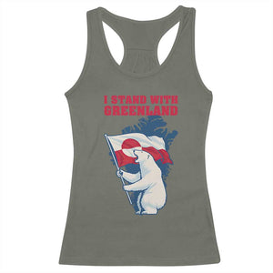 I Stand With Greenland Patriotic Racerback Tank Top Polar Bear Holding Flag Over Map TS02 Military Green Print Your Wear