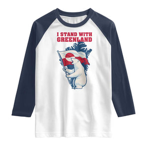 I Stand With Greenland Patriotic Raglan Shirt Polar Bear Holding Flag Over Map TS02 White Navy Print Your Wear