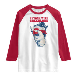 I Stand With Greenland Patriotic Raglan Shirt Polar Bear Holding Flag Over Map TS02 White Red Print Your Wear