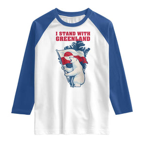 I Stand With Greenland Patriotic Raglan Shirt Polar Bear Holding Flag Over Map TS02 White Royal Print Your Wear