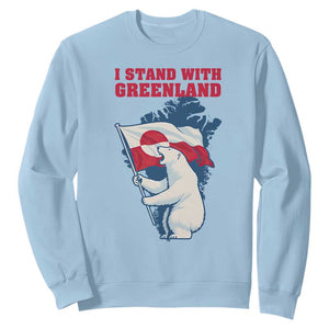 I Stand With Greenland Patriotic Sweatshirt Polar Bear Holding Flag Over Map TS02 Light Blue Print Your Wear