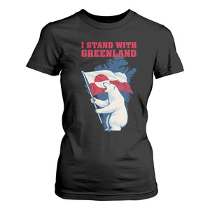 I Stand With Greenland Patriotic T Shirt For Women Polar Bear Holding Flag Over Map TS02 Black Print Your Wear