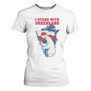 I Stand With Greenland Patriotic T Shirt For Women Polar Bear Holding Flag Over Map TS02 White Print Your Wear