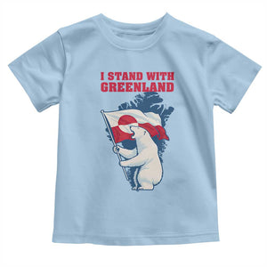 I Stand With Greenland Patriotic Toddler T Shirt Polar Bear Holding Flag Over Map TS02 Light Blue Print Your Wear