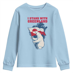 I Stand With Greenland Patriotic Youth Sweatshirt Polar Bear Holding Flag Over Map TS02 Light Blue Print Your Wear