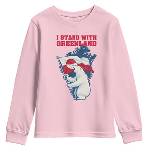 I Stand With Greenland Patriotic Youth Sweatshirt Polar Bear Holding Flag Over Map TS02 Light Pink Print Your Wear