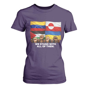 We Stand With Venezuela Greenland Ukraine Palestine T Shirt For Women Solidarity Fists Flags Global Support TS02 Purple Print Your Wear