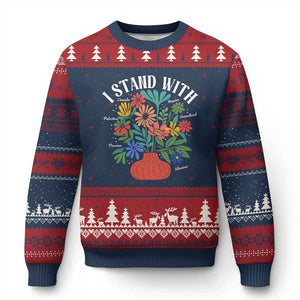 I Stand With Mexico Greenland Ukraine Canada Palestine Panama Ugly Christmas Sweater Colorful Floral Solidarity Global Unity TS02 Navy Red Print Your Wear