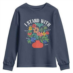 I Stand With Mexico Greenland Ukraine Canada Palestine Panama Youth Sweatshirt Colorful Floral Solidarity Global Unity TS02 Navy Print Your Wear