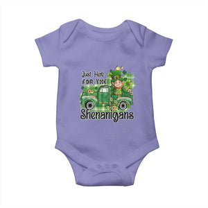 Funny St Patricks Day Baby Onesie Just Here For The Shenanigans Truck of Shamrock TS02 Violet Print Your Wear
