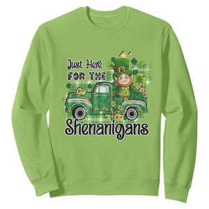 Funny St. Patricks Day Sweatshirt Just Here For The Shenanigans Truck of Shamrock TS02 Lime Printyourwear