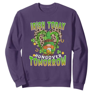 Funny St. Patricks Day Drinking Sweatshirt Irish Today Hungover Tomorrow Beer Lover Gnome TS02 Purple Printyourwear