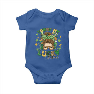 Funny St Patricks Day Baby Onesie You Are My Lucky Charm Shamrock Messy Bun TS02 Royal Blue Print Your Wear